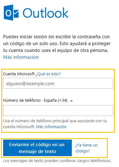 Código de un solo uso en Outlook.com