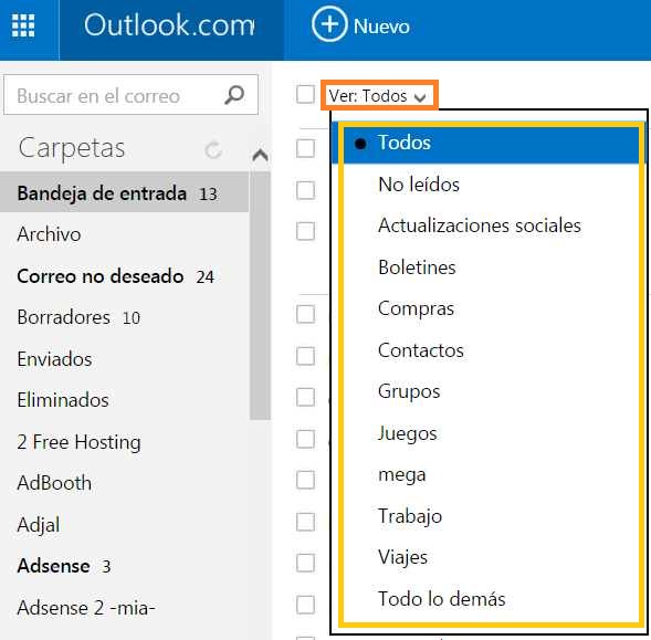 Filtrar correos electrónicos en Outlook.com