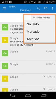 Filtros rápidos en Outlook para Android