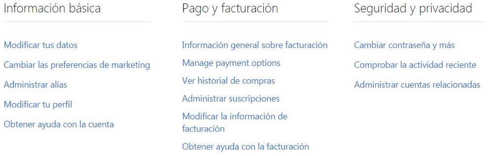 Opciones de configuración de la cuenta en Outlook.com